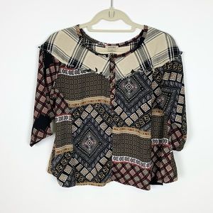 Anama Flowy Boho Plaid Patch Work Cropped Blouse